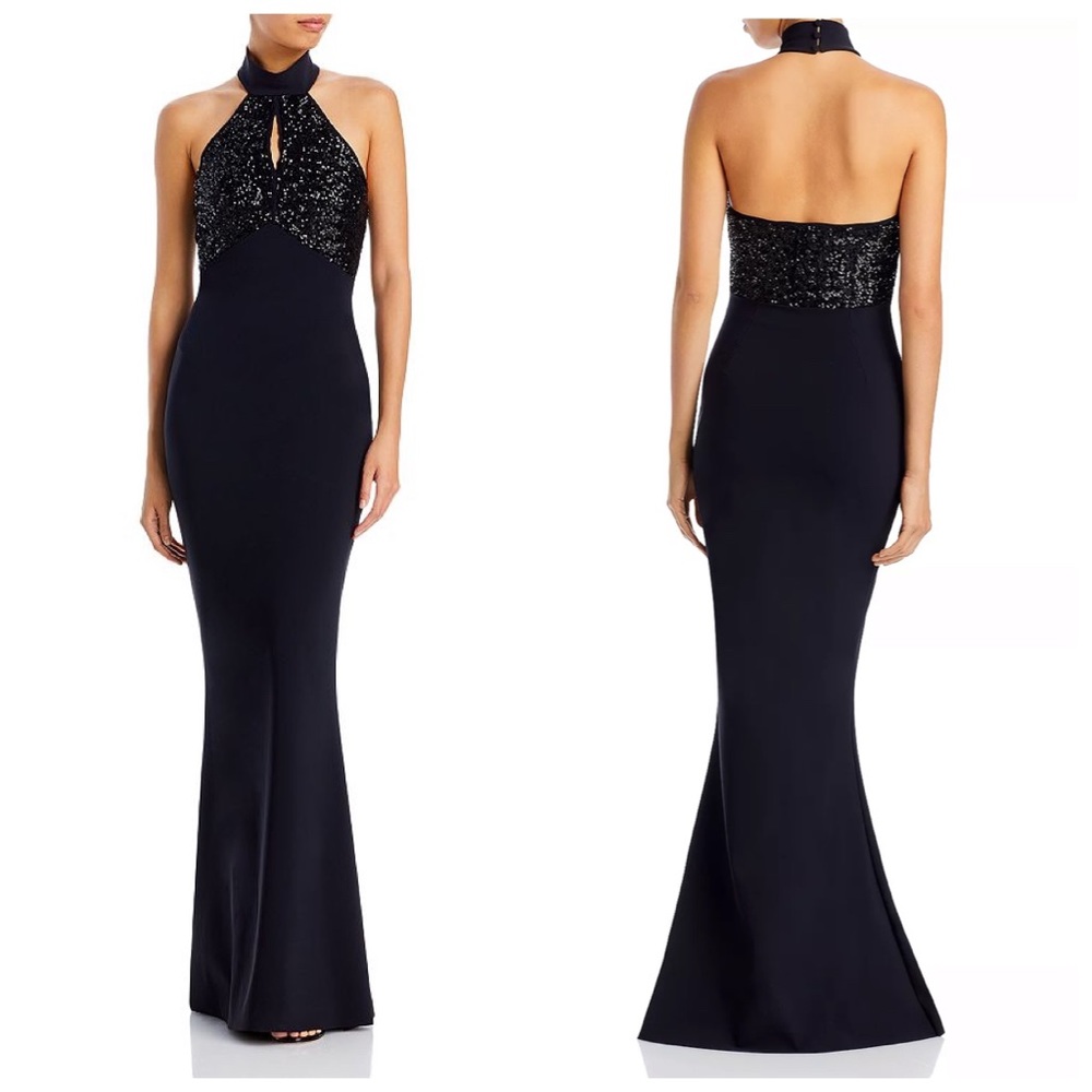 Chiara Boni Iria Black Sequin Gown Maxi Dress, NWT